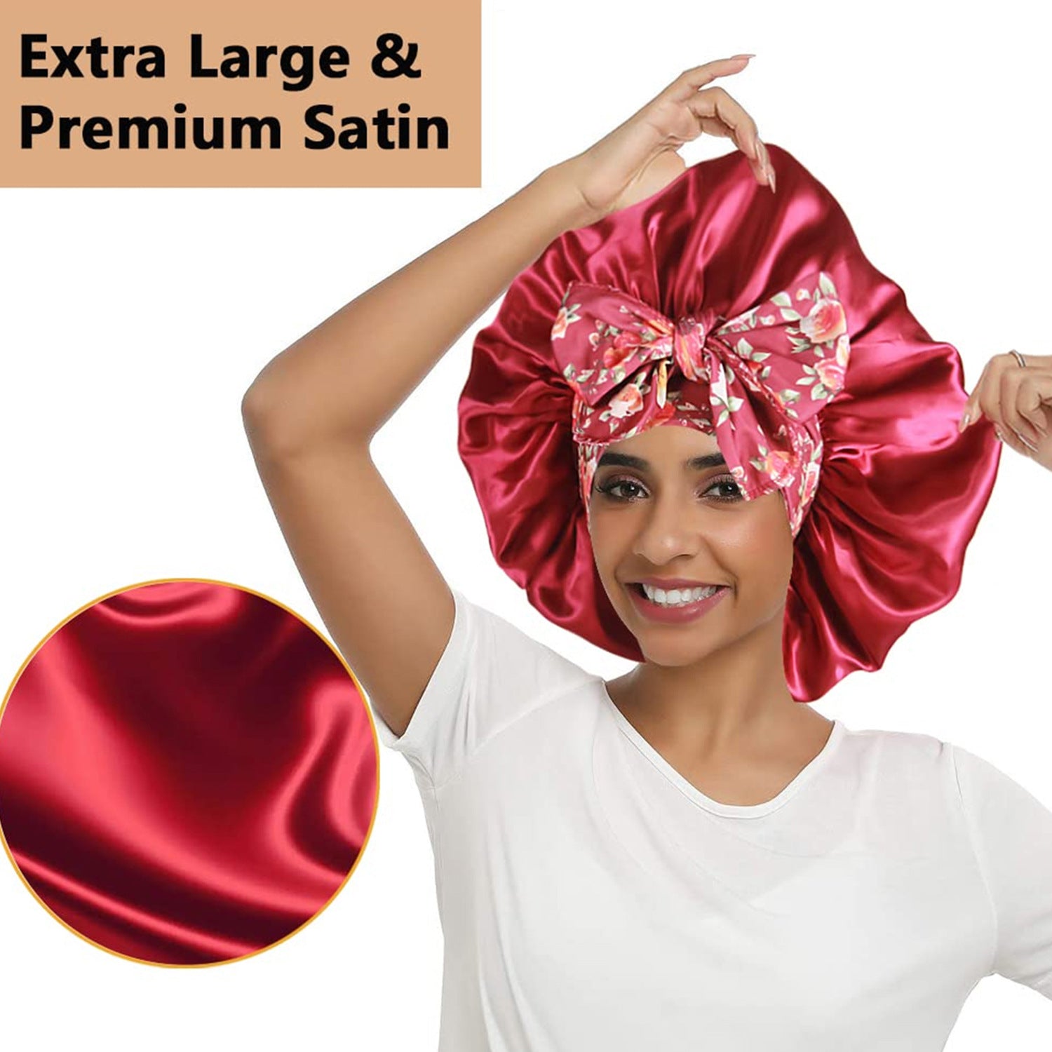 Lace Trim Satin Sleep Bonnet with Bow