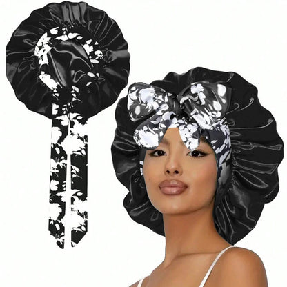 Lace Trim Satin Sleep Bonnet with Bow