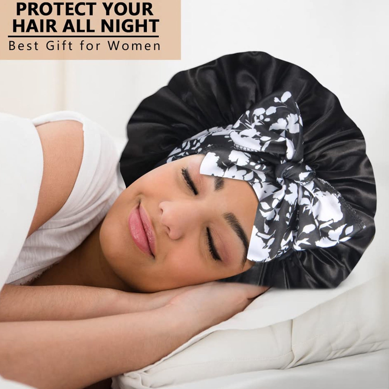 Lace Trim Satin Sleep Bonnet with Bow