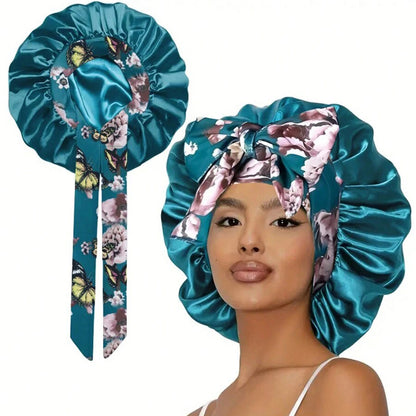 Lace Trim Satin Sleep Bonnet with Bow