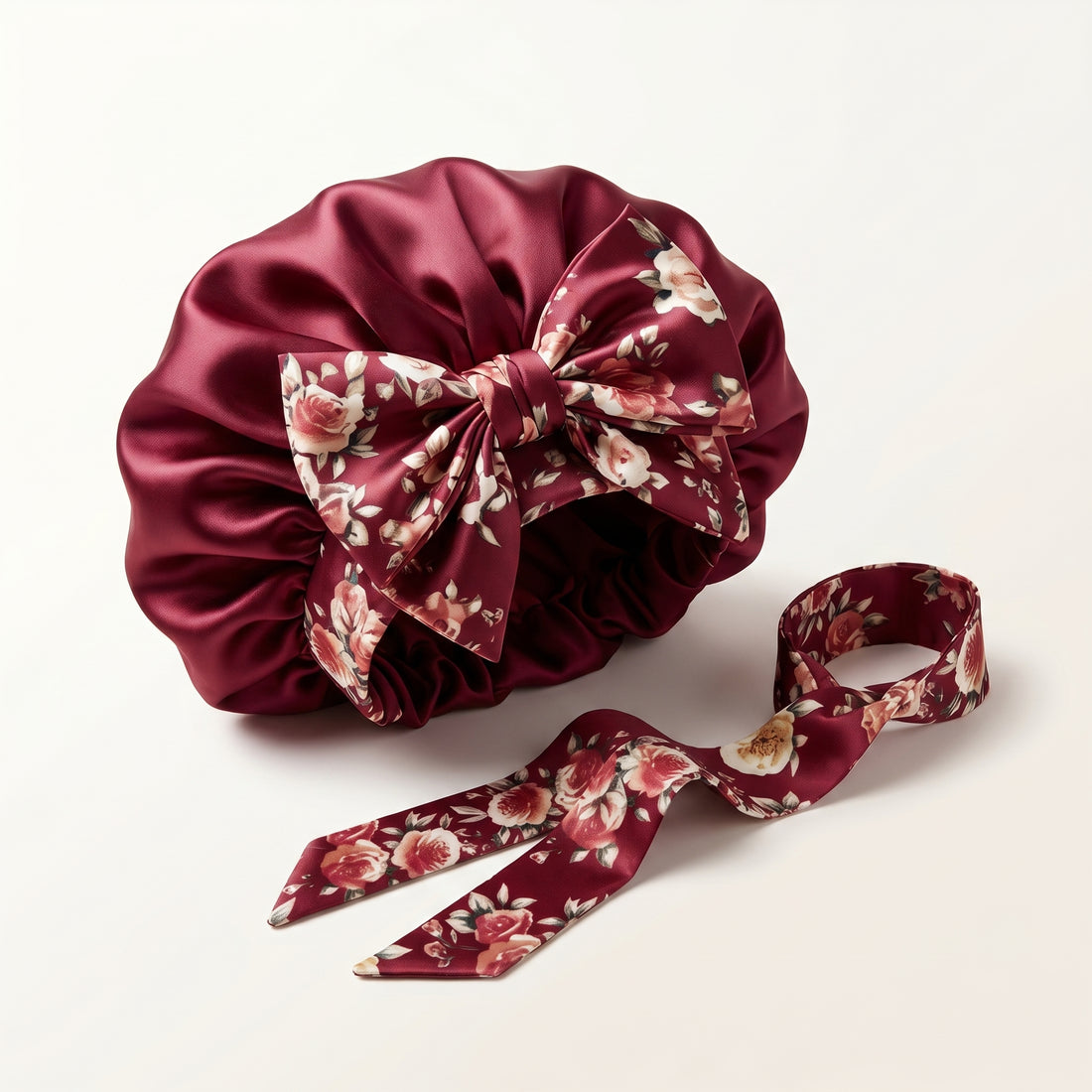 Lace Trim Satin Sleep Bonnet with Bow