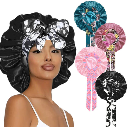 Lace Trim Satin Sleep Bonnet with Bow